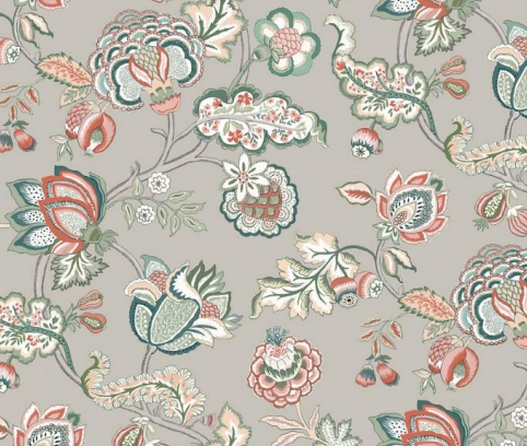 Fabric flowers design col. grey/green (single width)