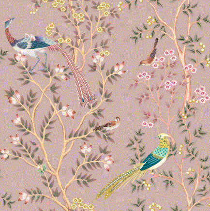 Fabric flowers and birds modern design col. pink (single width)